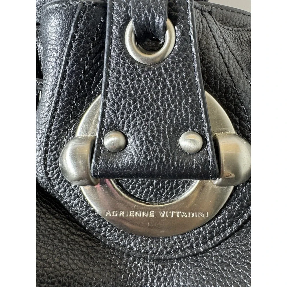Adrienne Vittadini Black Genuine Leather Shoulder Bag Satchel Tote Silver Y2K